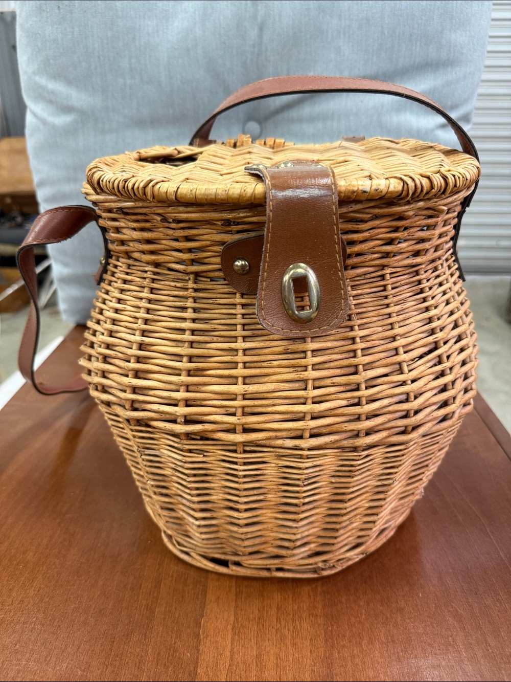 Woven Rattan Bucket Bag with Brown Leather Trim